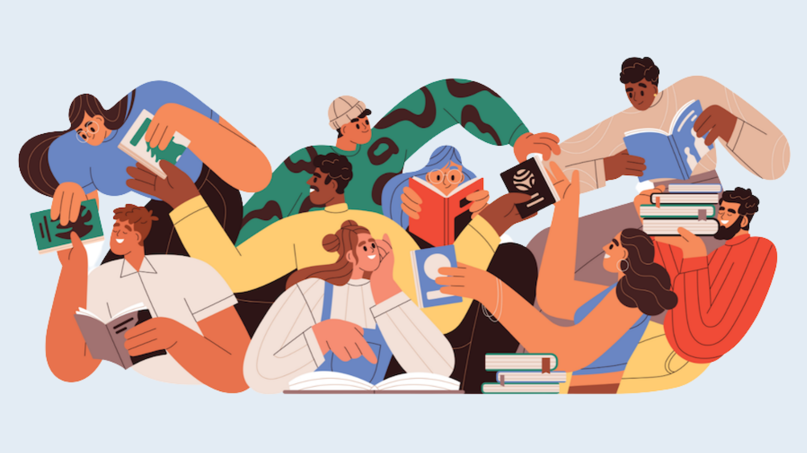 Illustration of people reading and sharing books