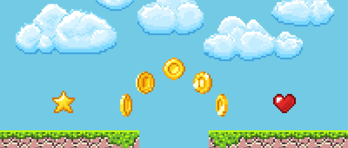 A video grame graphic with blue sky and clouds, and 5 gold coins in an arc